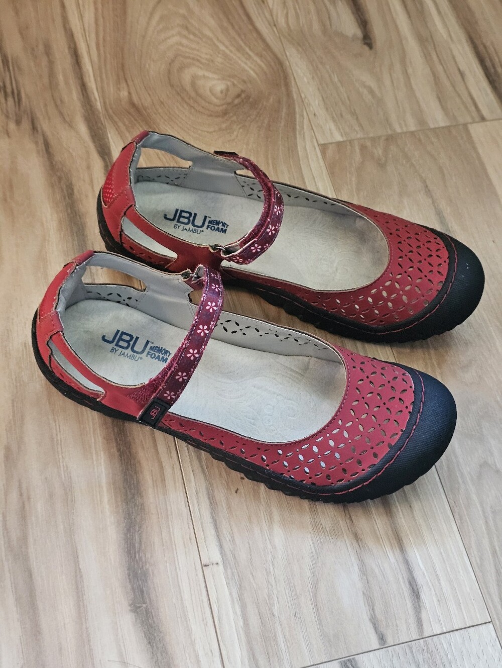 JBU Women's Red Mary Jane Memory Foam Flats with Black Toe